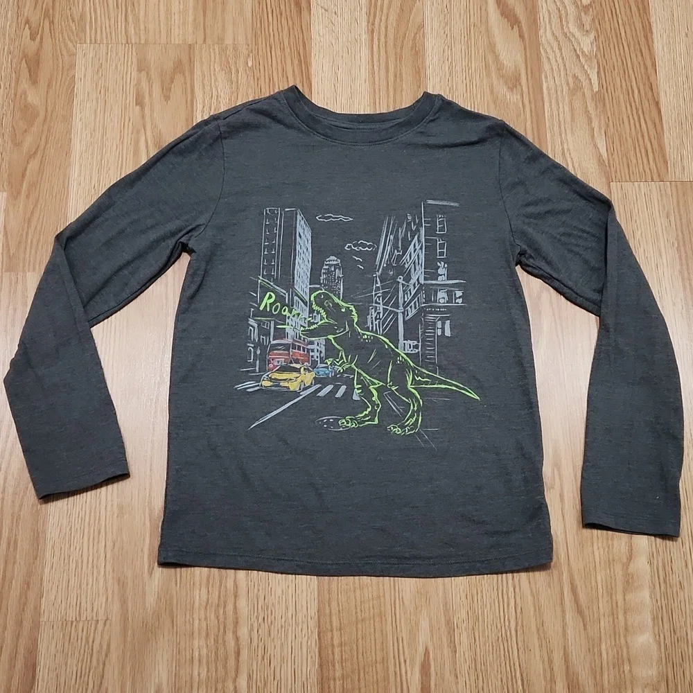 2 Boys Teal and Gray Long Sleeve Tees with Graphic Design Size M 8/10